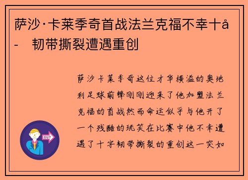 萨沙·卡莱季奇首战法兰克福不幸十字韧带撕裂遭遇重创 萨沙·卡莱季奇首战法兰克福不幸十字韧带撕裂遭遇重创